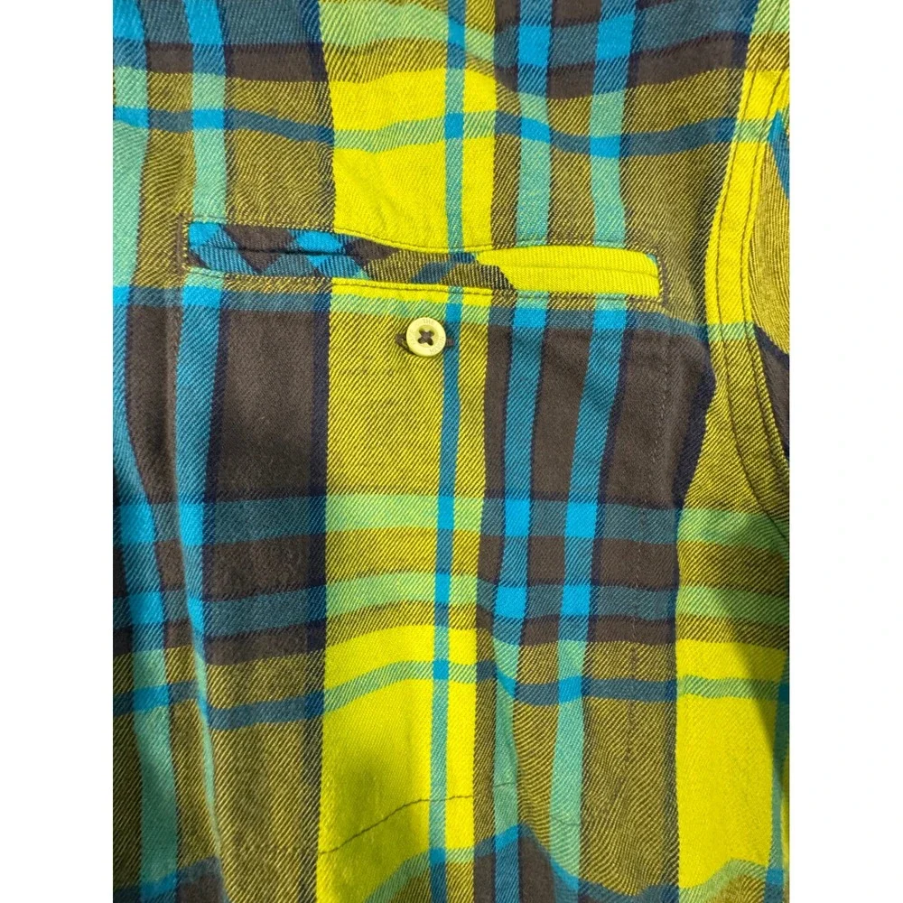 The North Face Mens Circular Design Plaid Flannel Shirt Lime Green Teal Medium